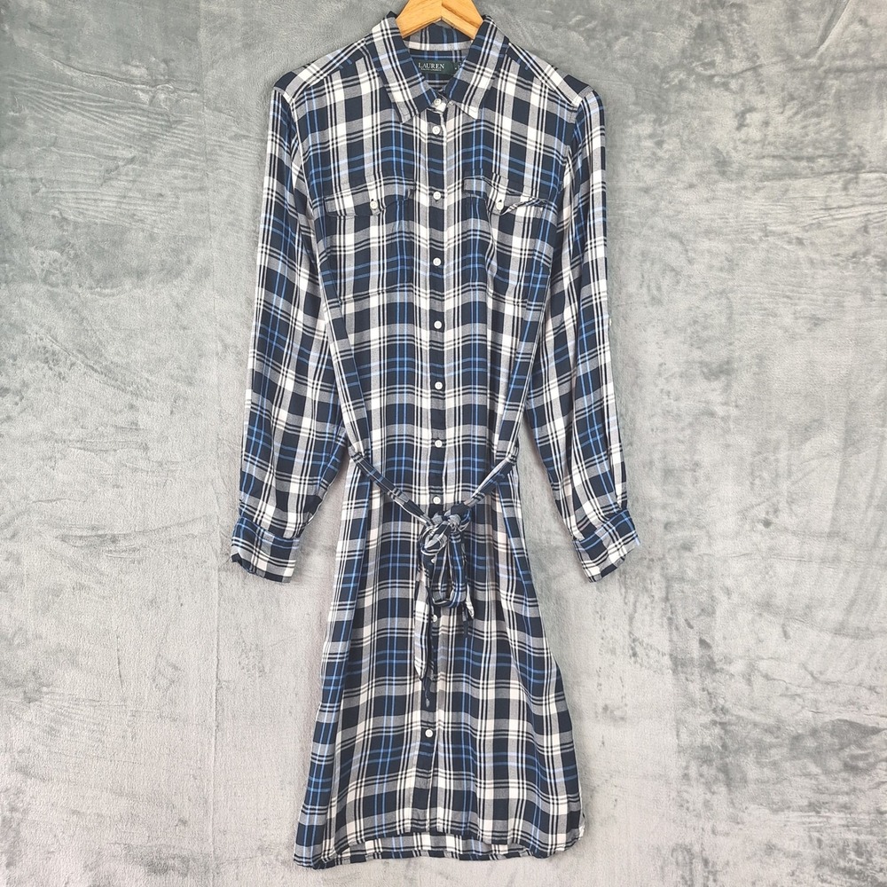 Lauren Ralph Lauren Shirt Dress 14 Blue Plaid Belted Midi Preppy Flannel Pockets